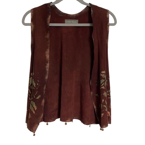 Linda‎ Harris Handmade Hand Painted Leather Open Vest Sz N/A Leaves Fall - Picture 1 of 9